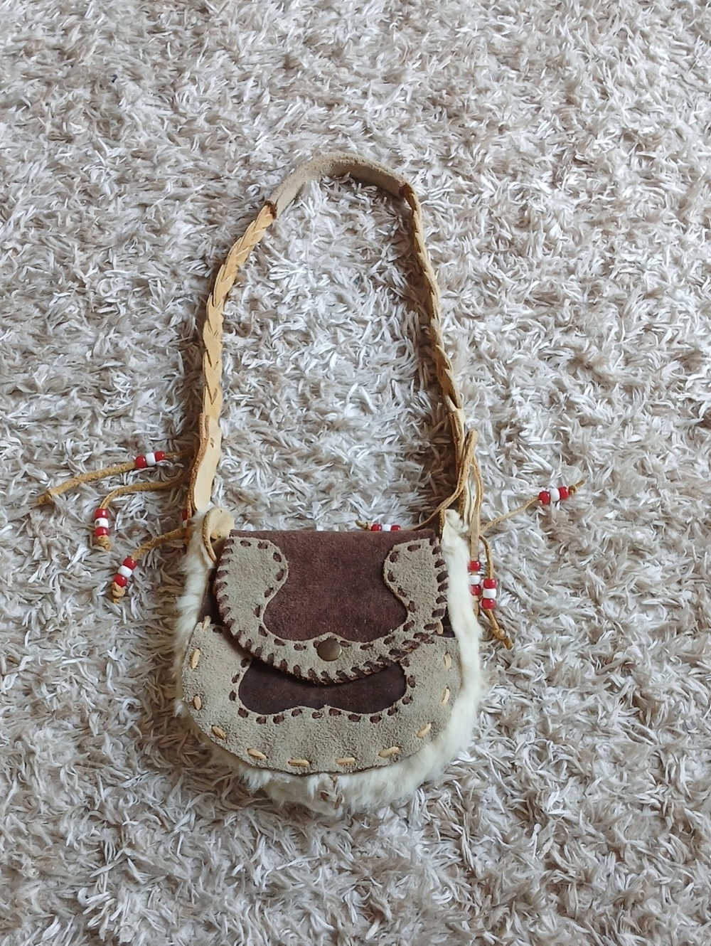 Handmade Suede & Fur Crossbody Pouch Bag w/ Braided Strap & Bead